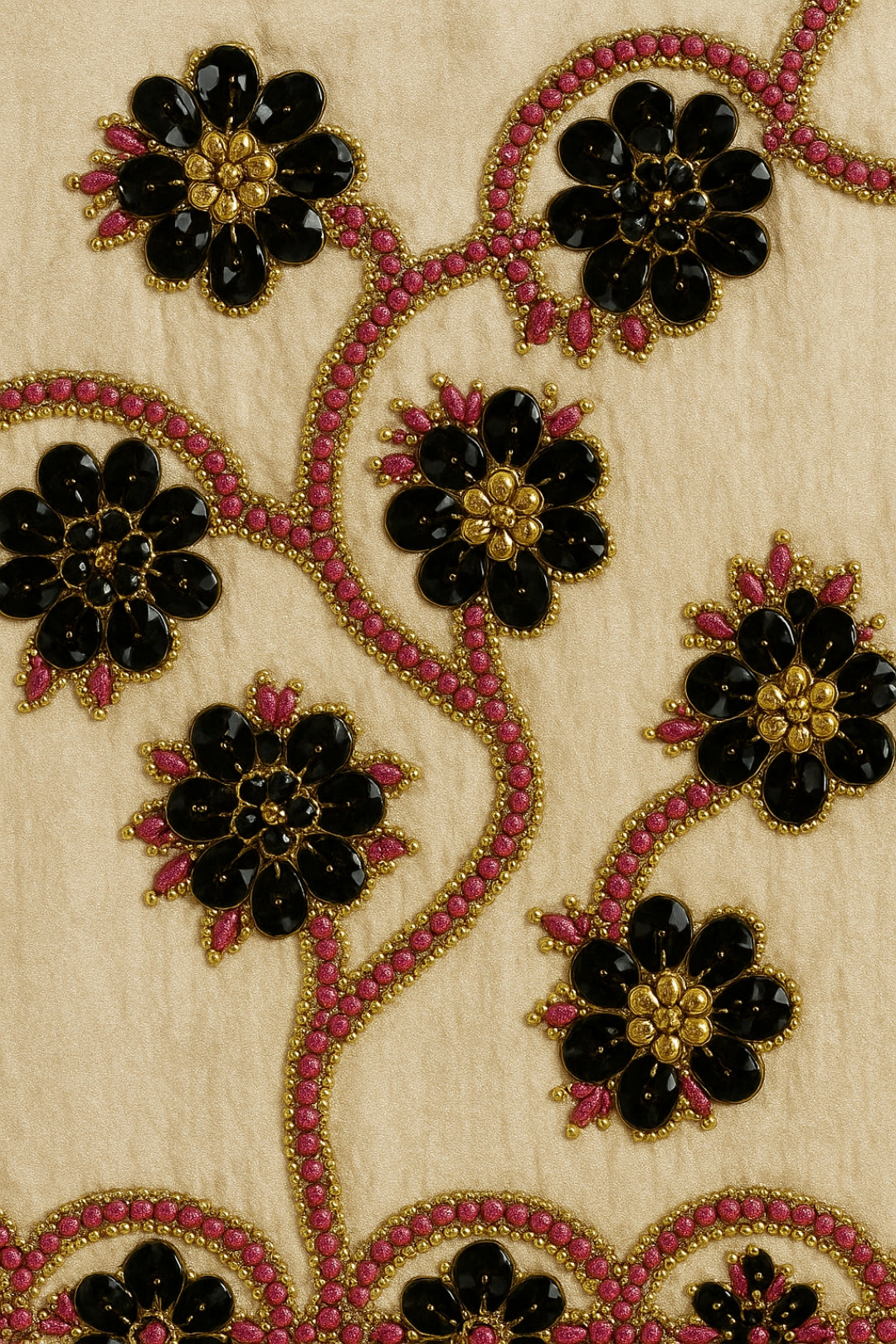 Chic Cream Pure Tussar Munga Silk Saree with Striking Black & Pink Beaded Floral Border
