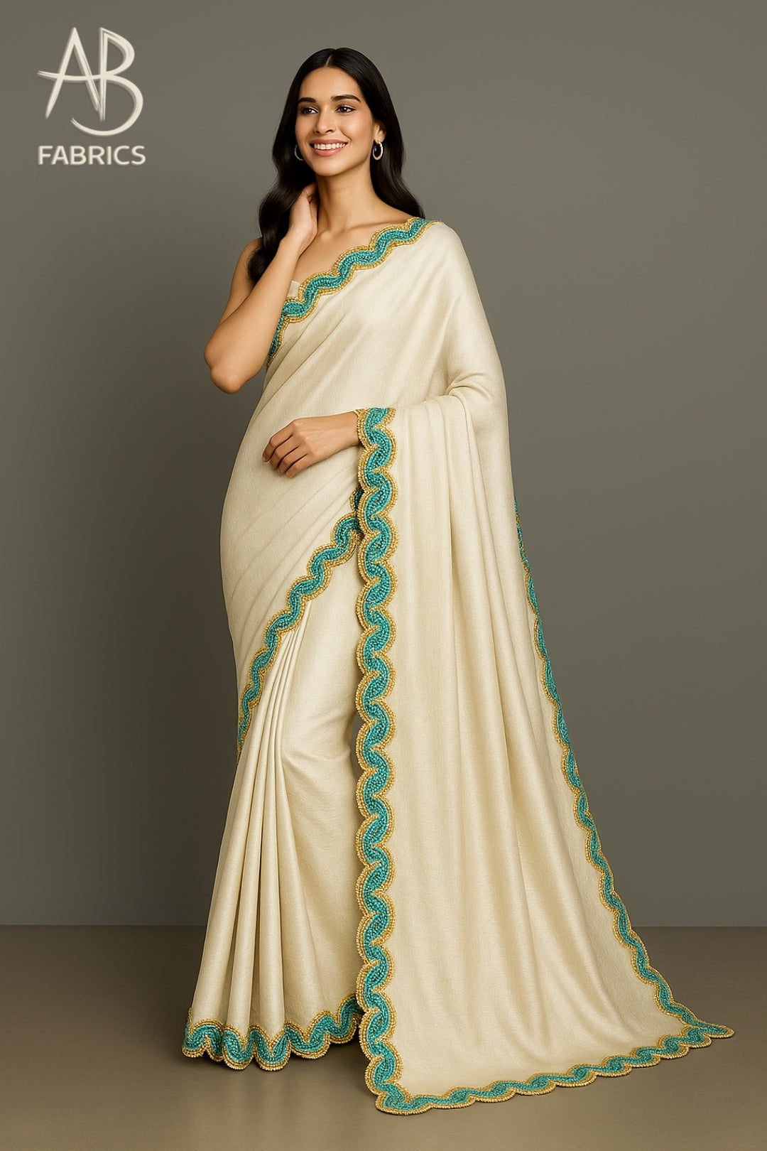 Elegant Ivory Pure Tussar Munga Silk Saree with Teal & Gold Scalloped beaded Border Saree