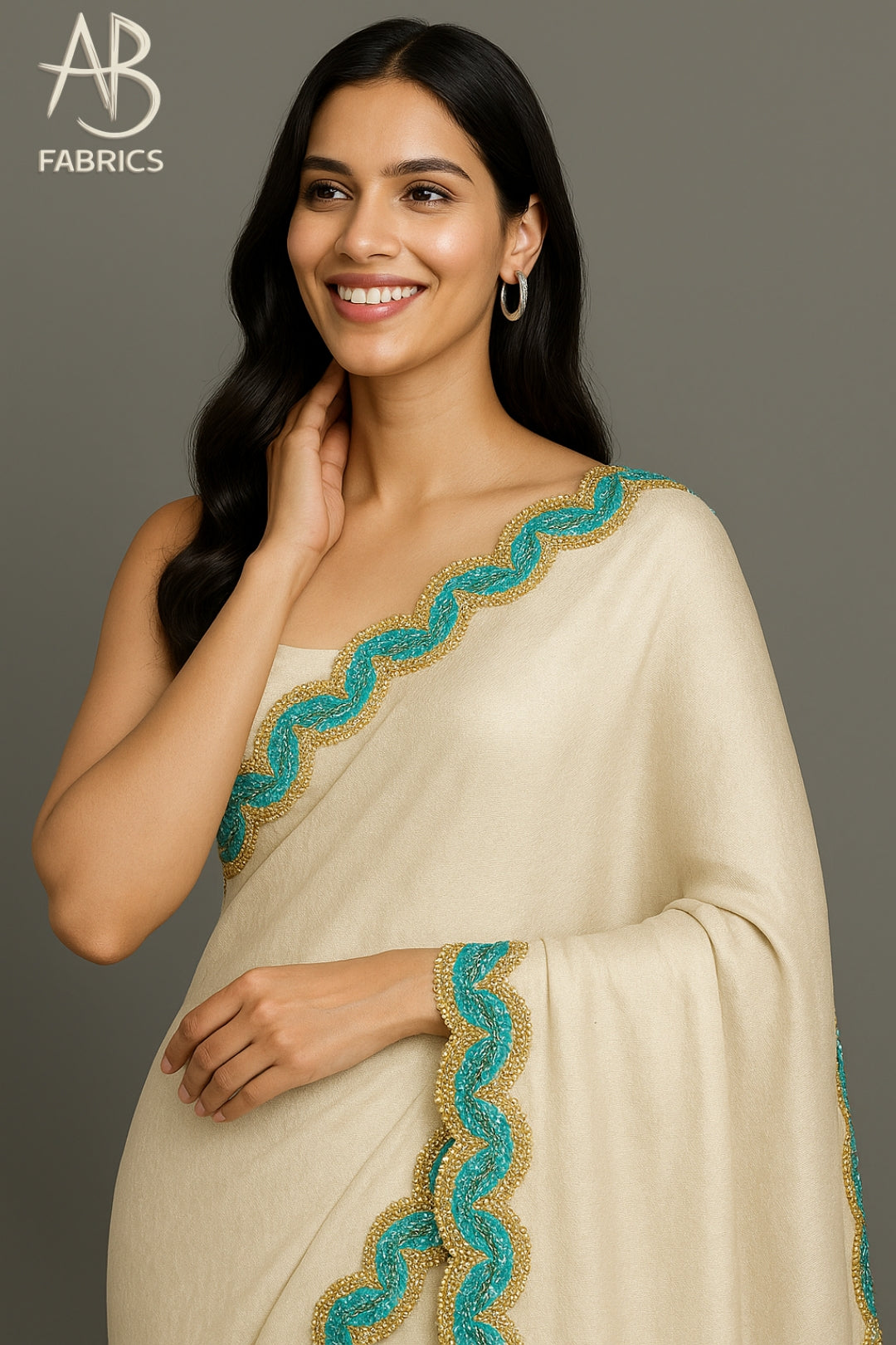 Elegant Ivory Pure Tussar Munga Silk Saree with Teal & Gold Scalloped beaded Border Saree