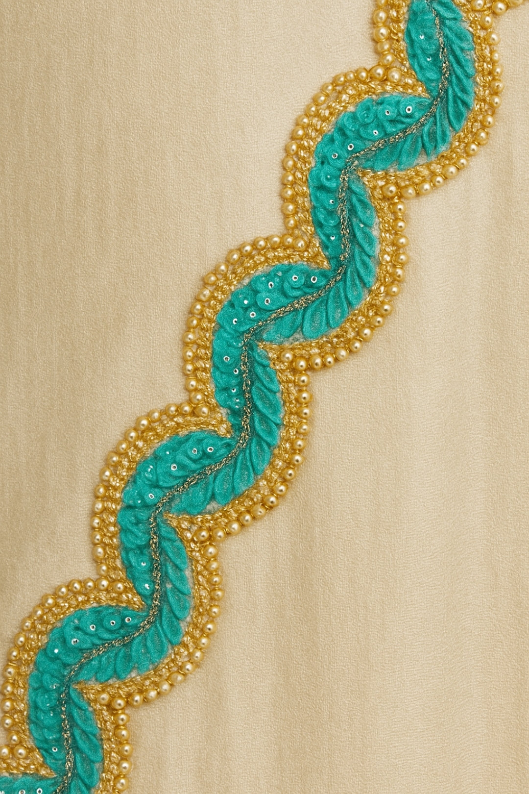 Elegant Ivory Pure Tussar Munga Silk Saree with Teal & Gold Scalloped beaded Border Saree
