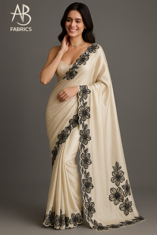 Elegant Ivory Pure Tussar Munga Silk Saree with Scalloped beaded Border Saree