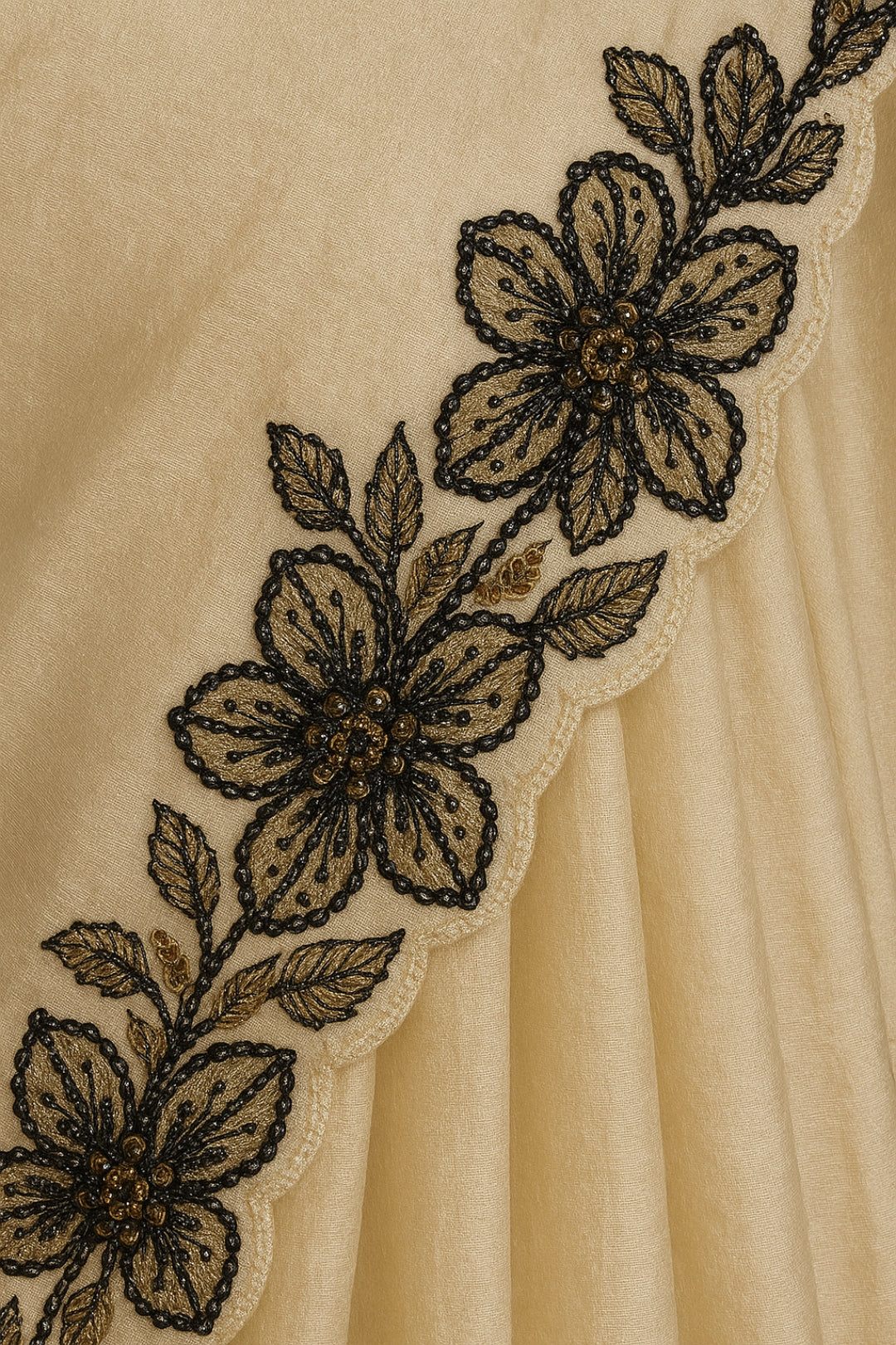 Elegant Ivory Pure Tussar Munga Silk Saree with Scalloped beaded Border Saree