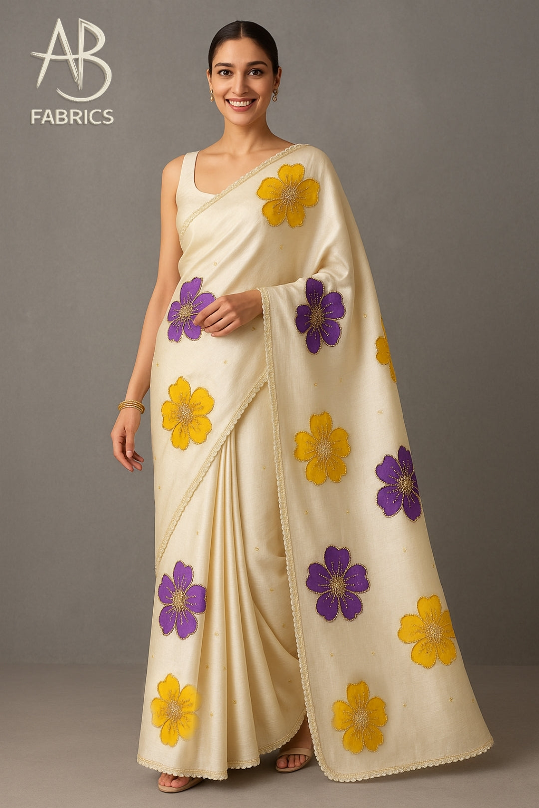 Sunshine & Amethyst Bloom Ivory Pure Tussar Munga Silk Saree with Scalloped beaded Border Saree
