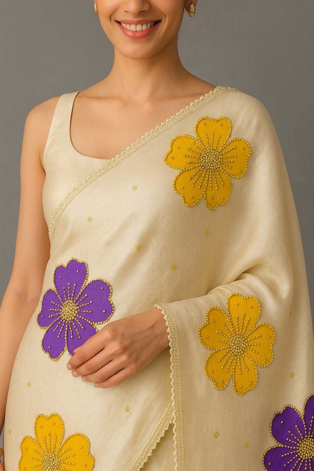 Sunshine & Amethyst Bloom Ivory Pure Tussar Munga Silk Saree with Scalloped beaded Border Saree