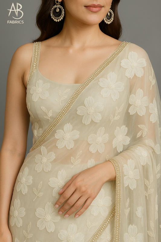 Ethereal Cream Floral Embroidered Organza Saree