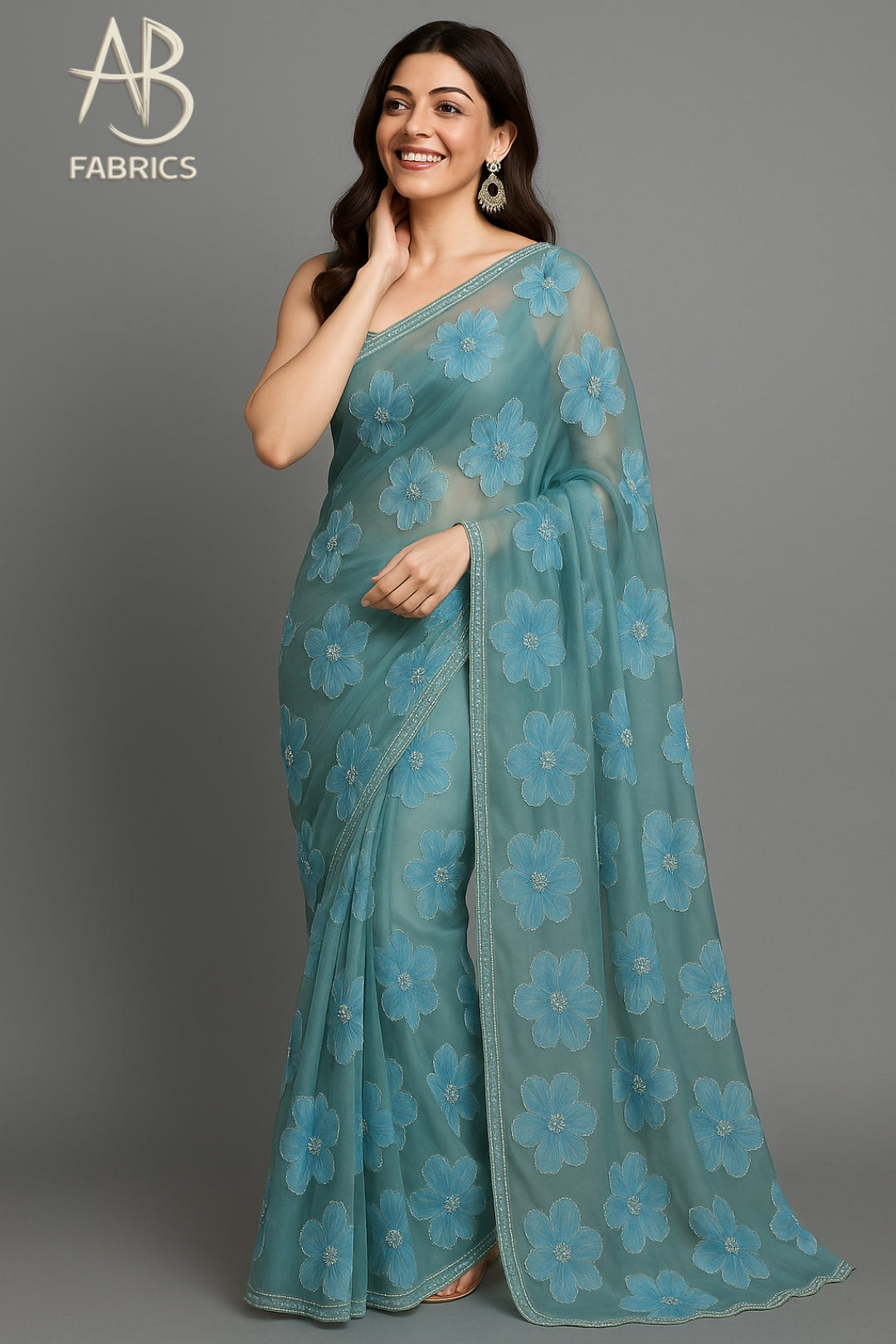 Serene Teal Blue Organza Saree with Beaded Floral Appliques