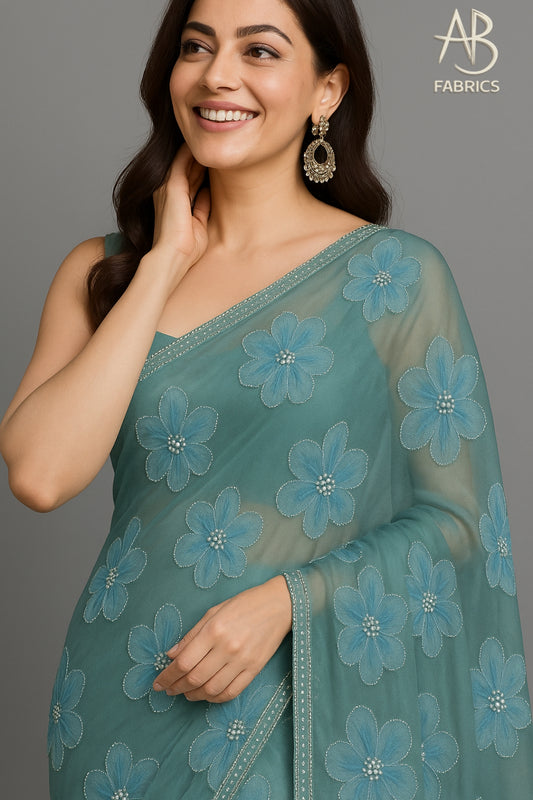 Serene Teal Blue Organza Saree with Beaded Floral Appliques