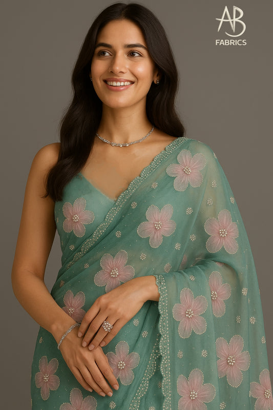 Serene Mint Green Organza Saree with Pink Floral Handwork and Pearl Accents
