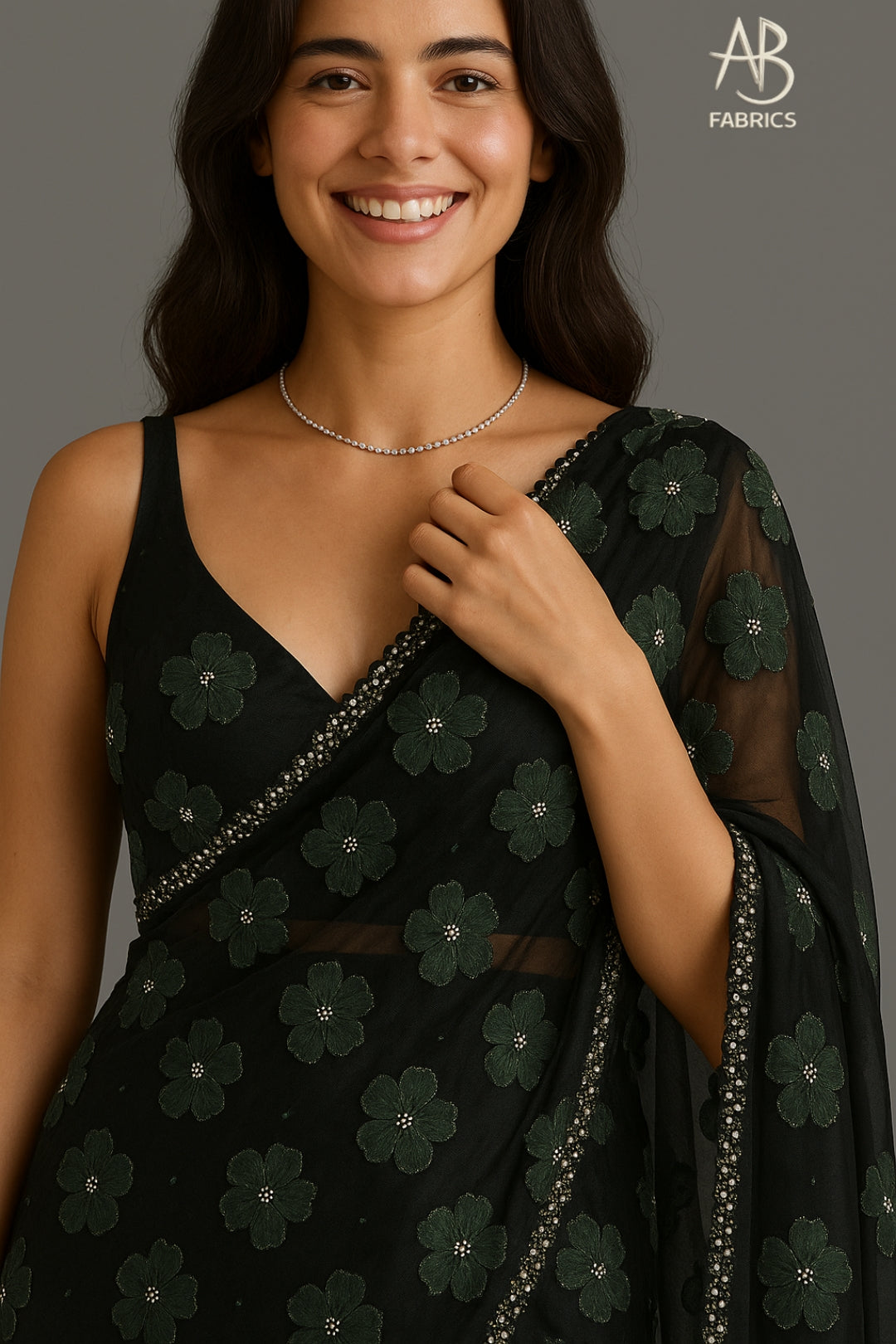 Elegant Black Organza Saree with Deep Green Floral Handwork and Metallic Beadwork