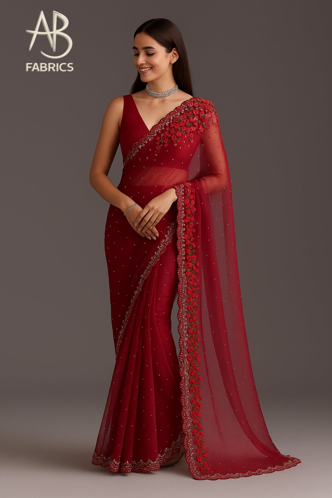 Elegant Red Organza Saree with Floral Beaded Border and Scattered Pearl Accents