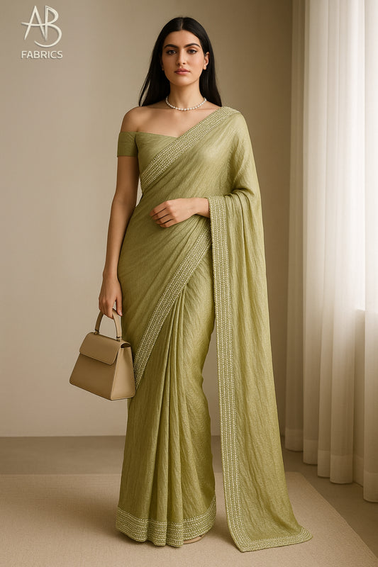 Olive Green Crushed Tissue Silk Saree with Delicate Beadwork