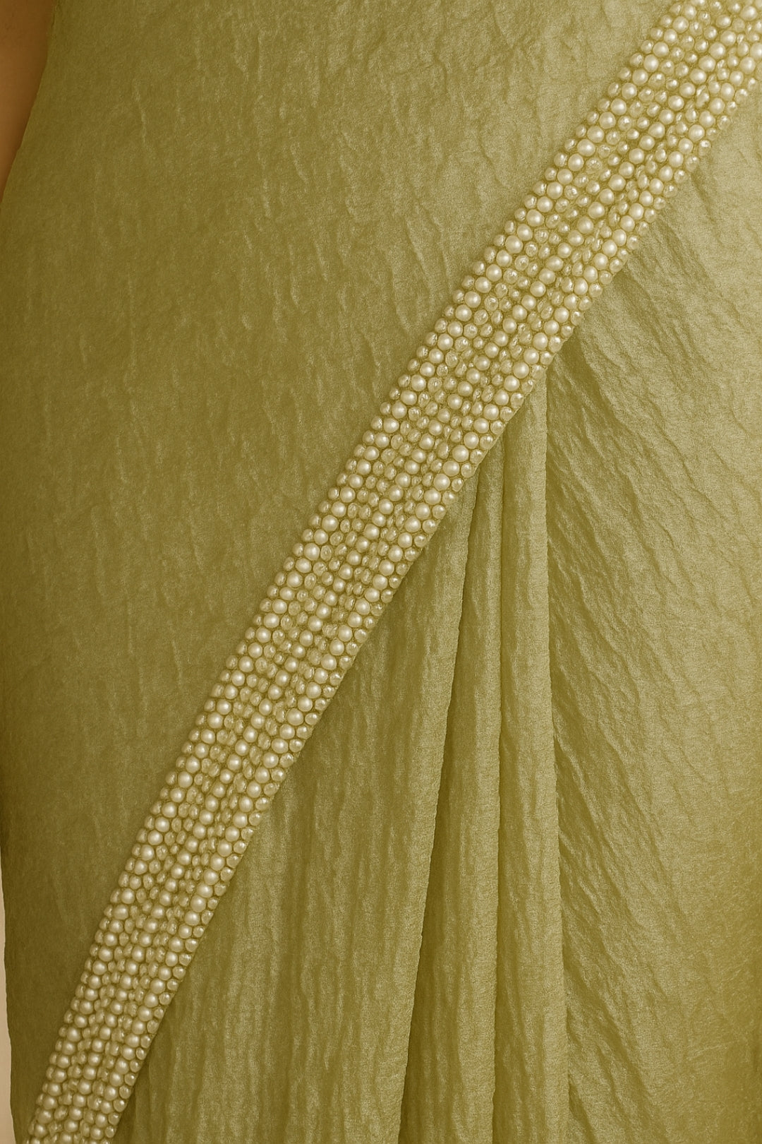 Olive Green Crushed Tissue Silk Saree with Delicate Beadwork