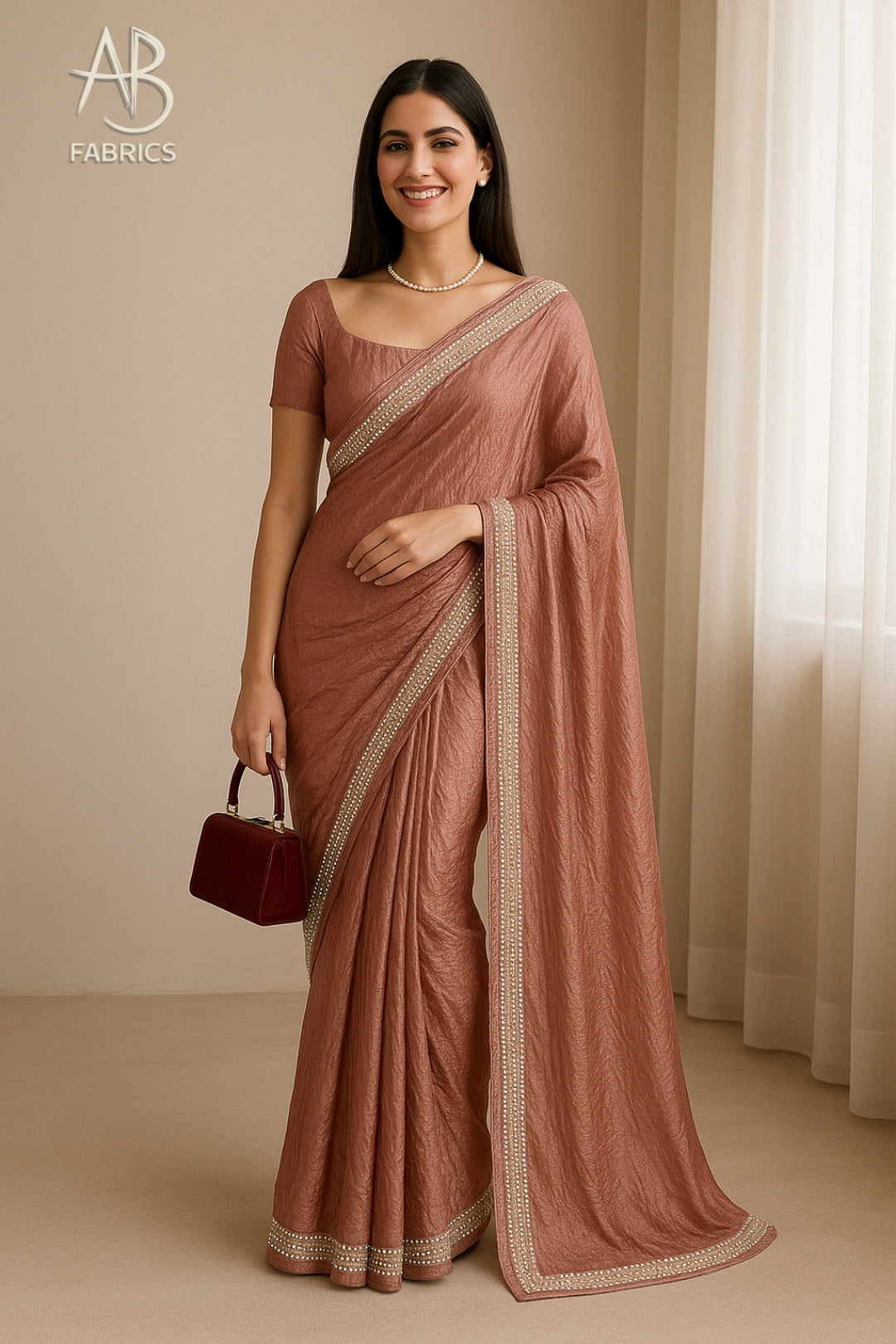 Rose Brown Crushed Tissue Silk Saree with Delicate Beadwork