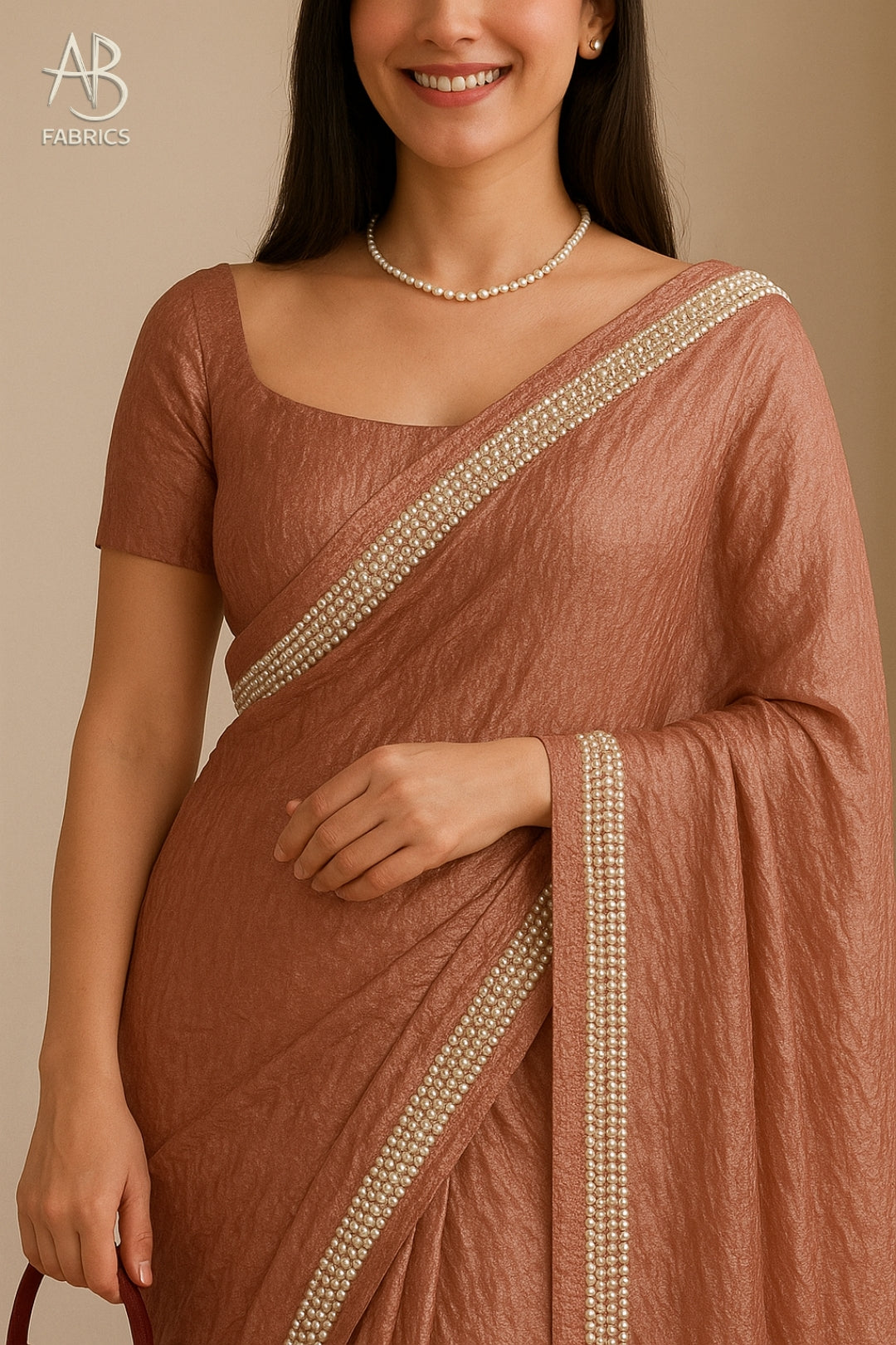 Rose Brown Crushed Tissue Silk Saree with Delicate Beadwork