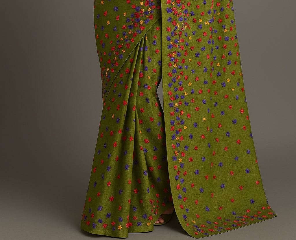 Pure Tussar Munga Silk Saree With Phulkari-Inspired Multi-Color Floral Embroidered Saree