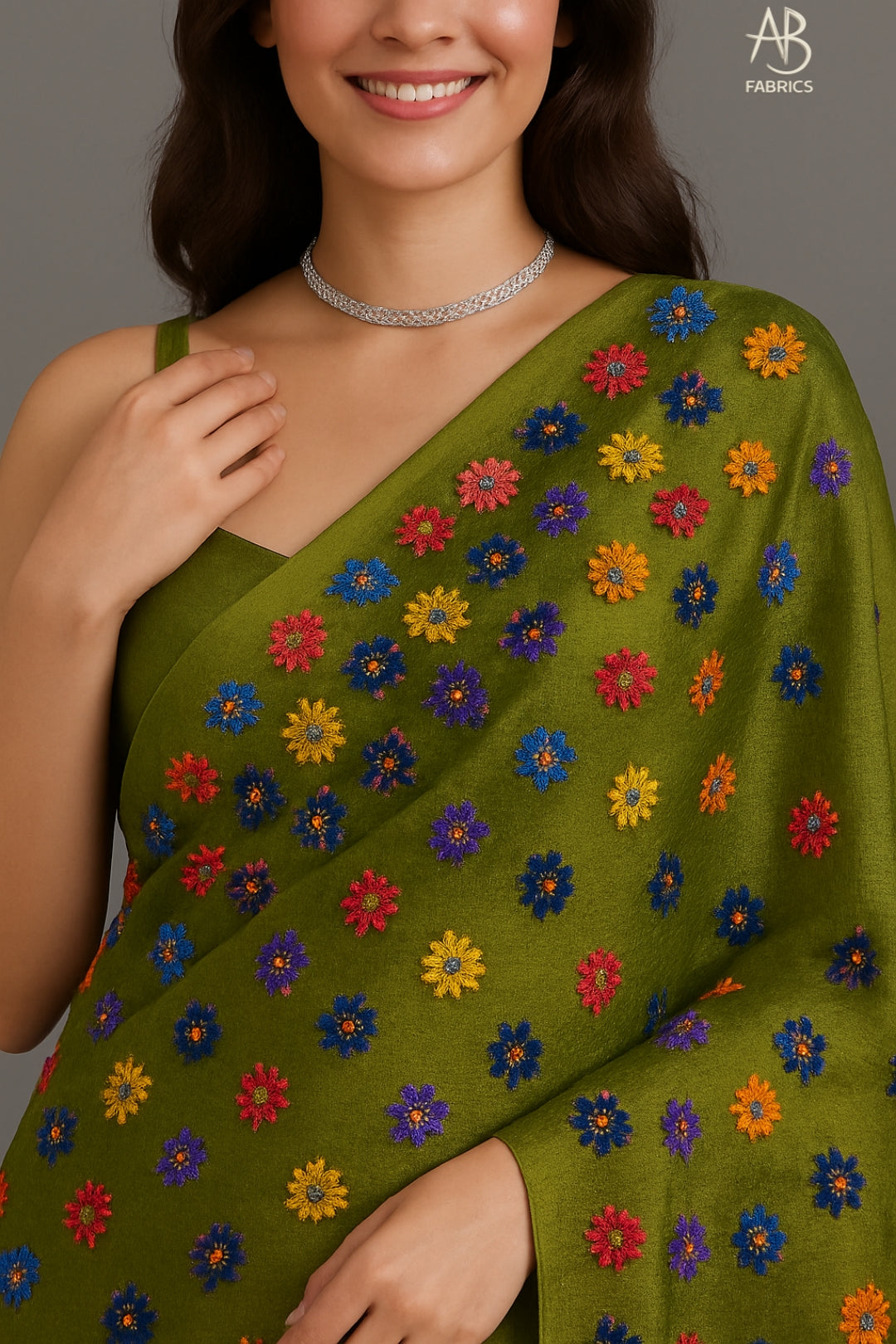 Olive Green Pure Tussar Munga Silk Saree with Scattered "Wildflower" Embroidery