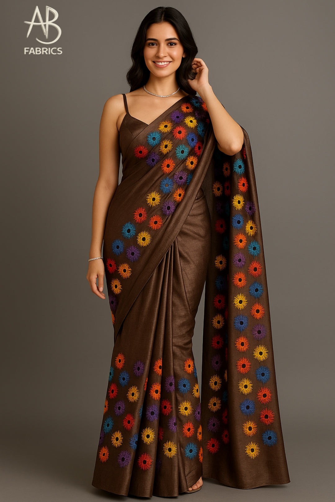 Coffee Brown Pure Tussar Munga Silk Saree with Scattered "Wildflower" Embroidery