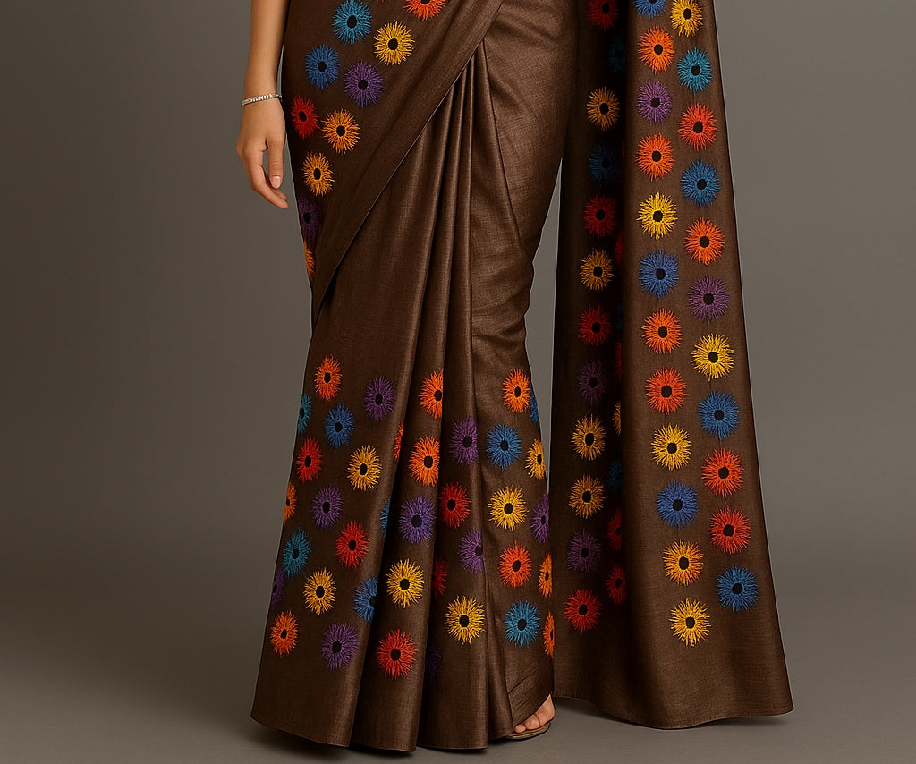 Coffee Brown Pure Tussar Munga Silk Saree with Scattered "Wildflower" Embroidery