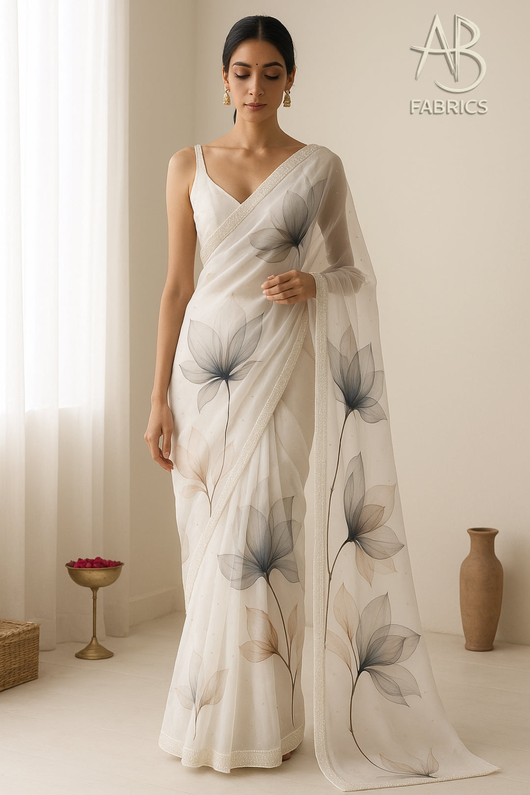 Hand-Painted Floral Organza Saree with Delicate Hand-Work Border OPD01