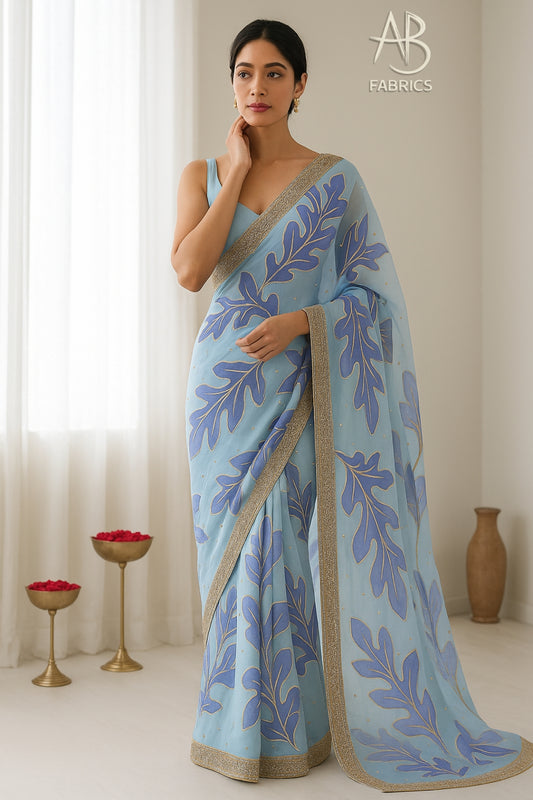Hand-Painted Floral Organza Saree with Delicate Hand-Work Border OPD02