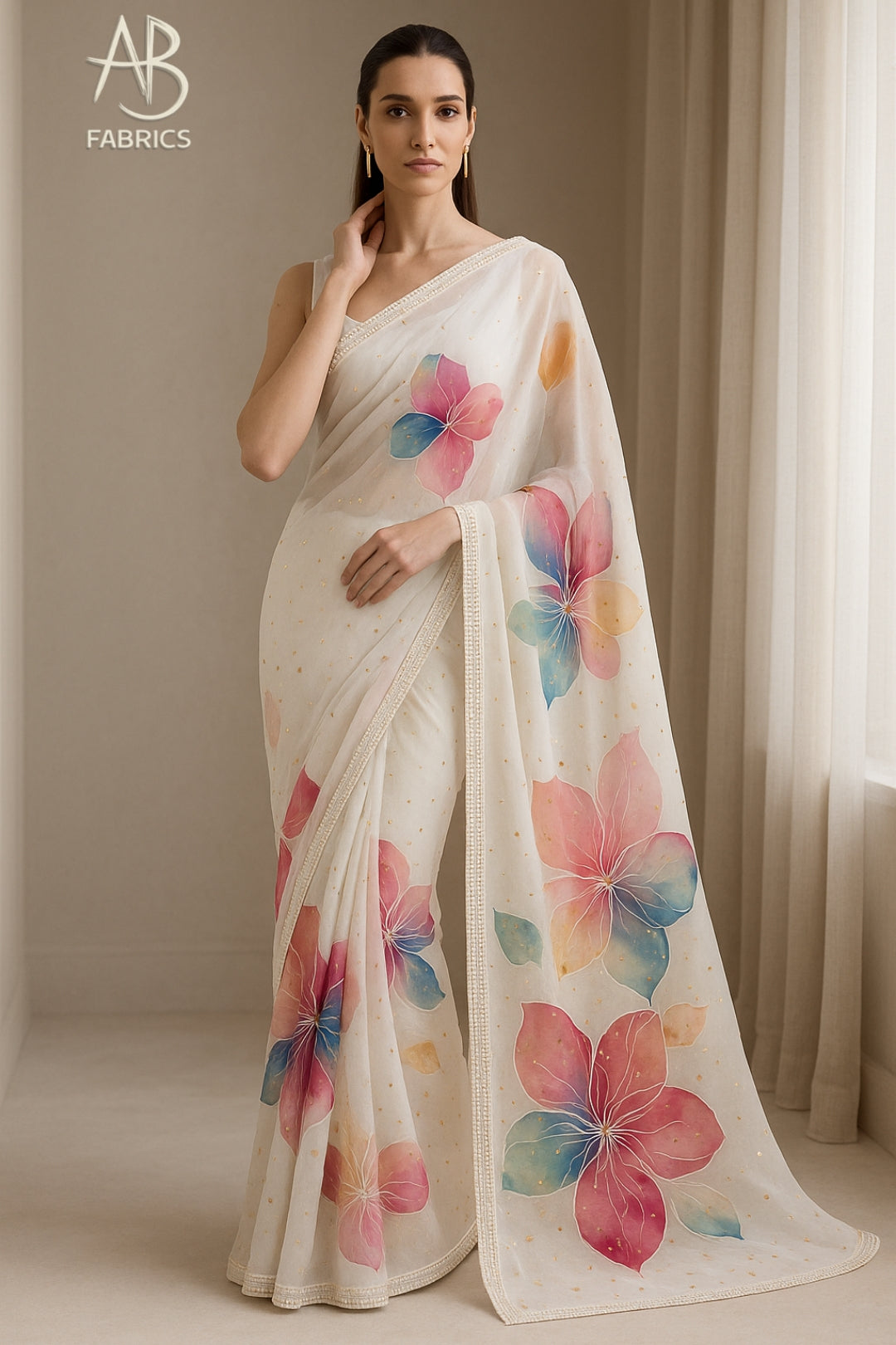 Hand-Painted Floral Organza Saree with Delicate Hand-Work Border OPD04
