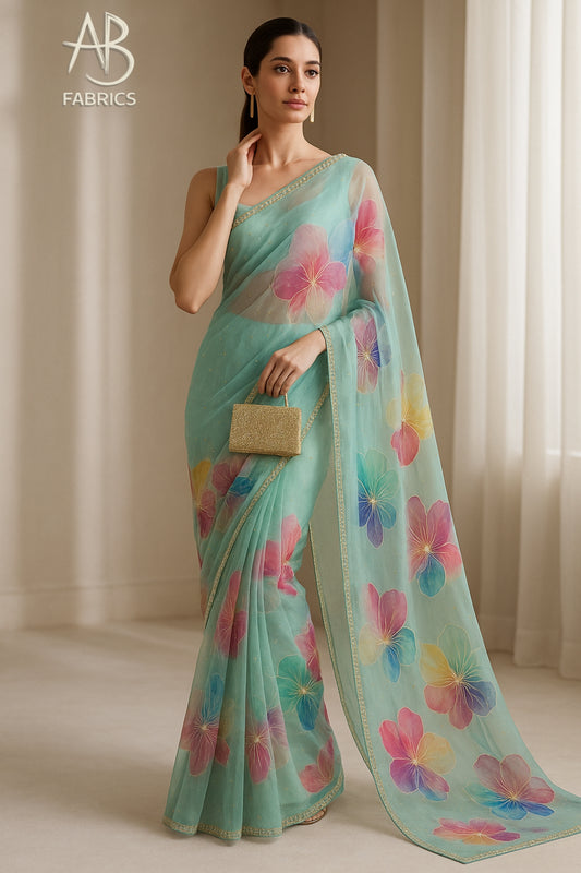 Hand-Painted Floral Organza Saree with Delicate Hand-Work Border OPD11