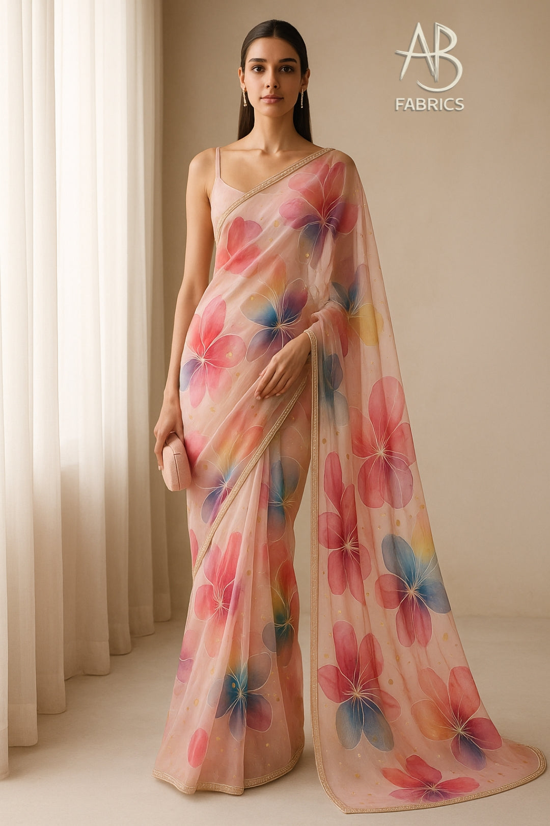 Hand-Painted Floral Organza Saree with Delicate Hand-Work Border OPD13