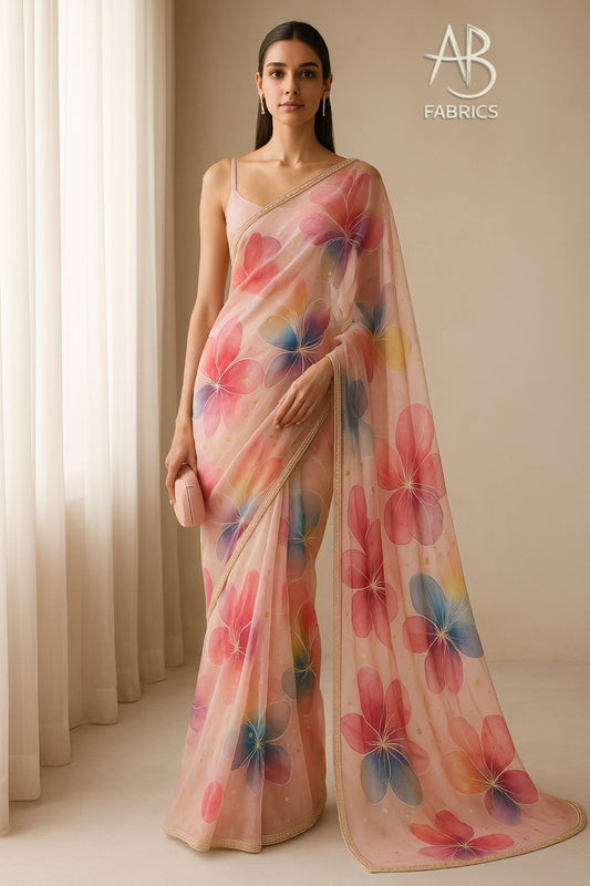 Hand-Painted Floral Organza Saree with Delicate Hand-Work Border OPD13