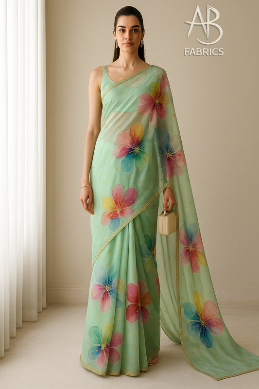 Hand-Painted Floral Organza Saree with Delicate Hand-Work Border OPD12