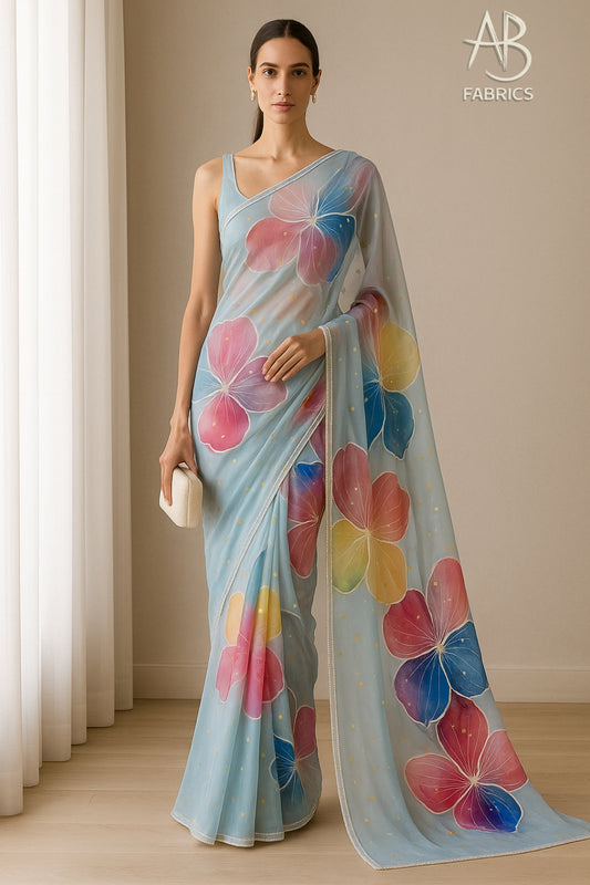 Hand-Painted Floral Organza Saree with Delicate Hand-Work Border OPD15