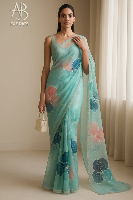 Hand-Painted Floral Organza Saree with Delicate Hand-Work Border OPD14