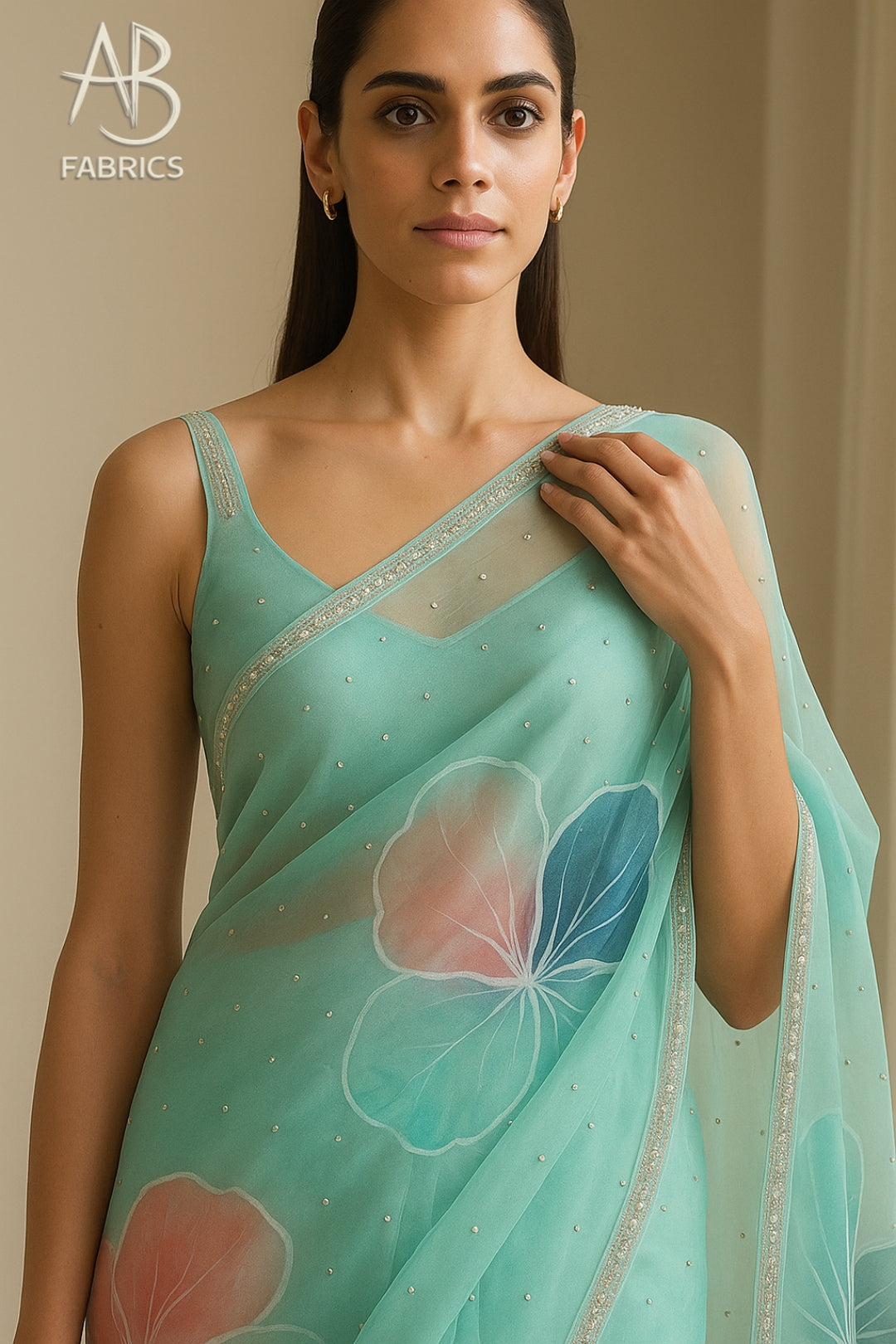 Hand-Painted Floral Organza Saree with Delicate Hand-Work Border OPD14