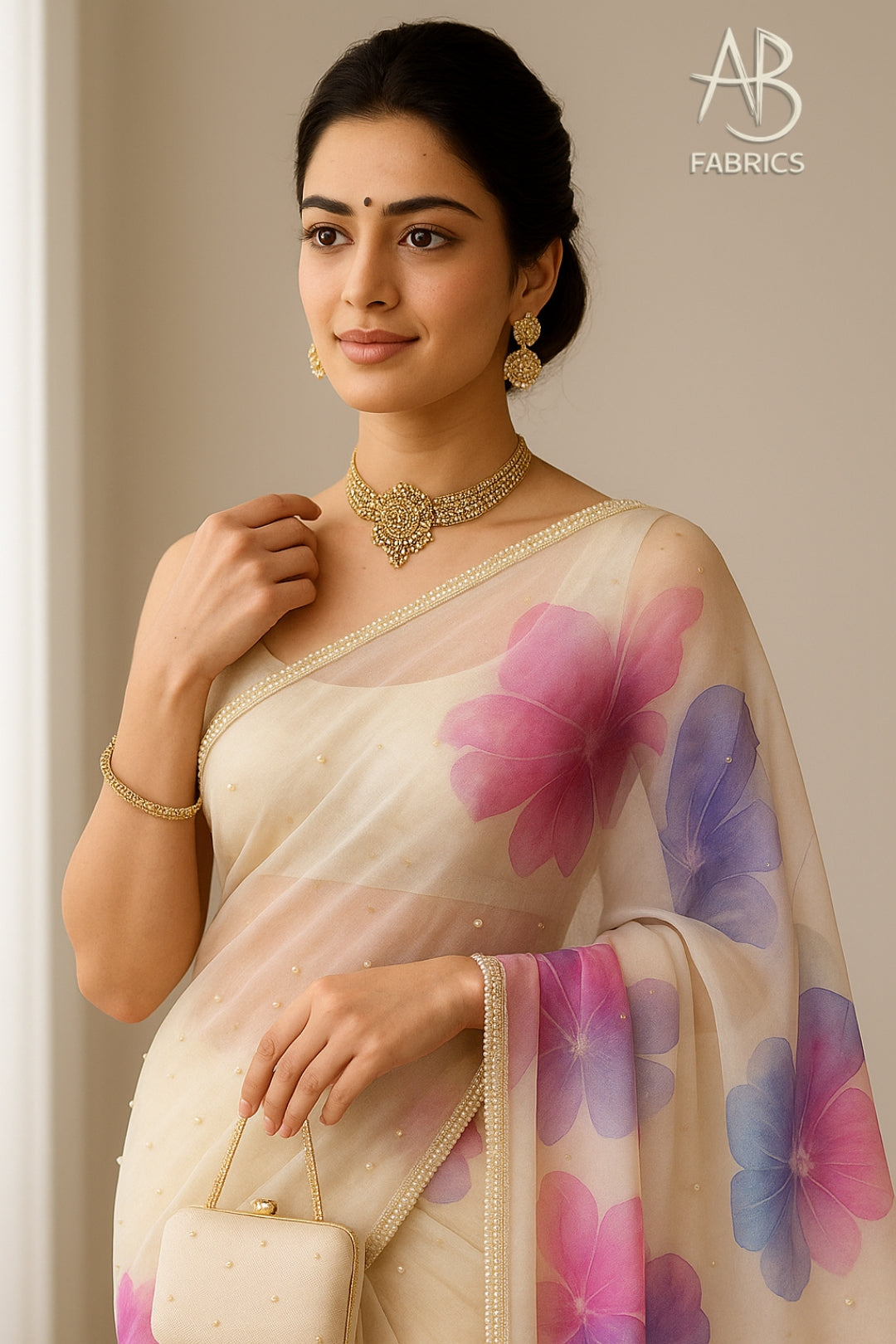 Hand-Painted Floral Organza Saree with Delicate Hand-Work Border OPD05