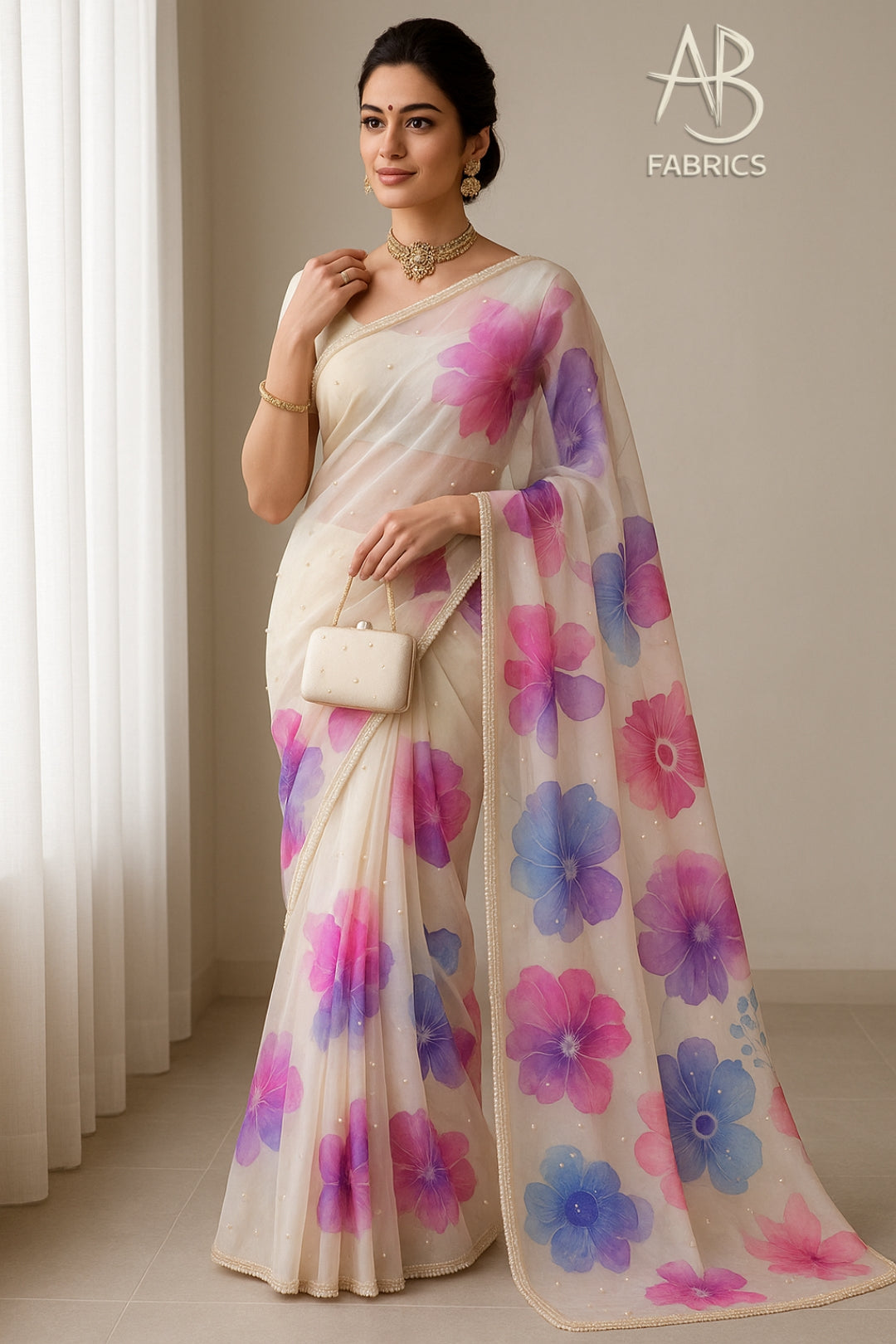 Hand-Painted Floral Organza Saree with Delicate Hand-Work Border OPD05
