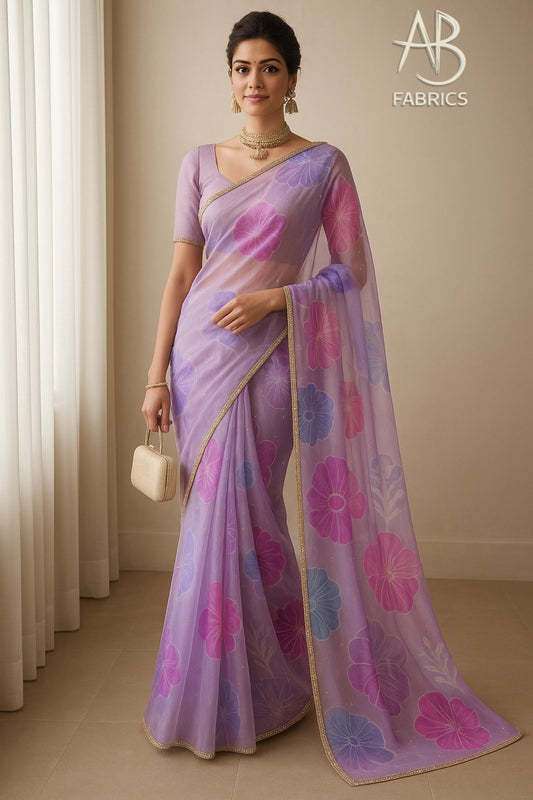 Hand-Painted Floral Organza Saree with Delicate Hand-Work Border OPD06