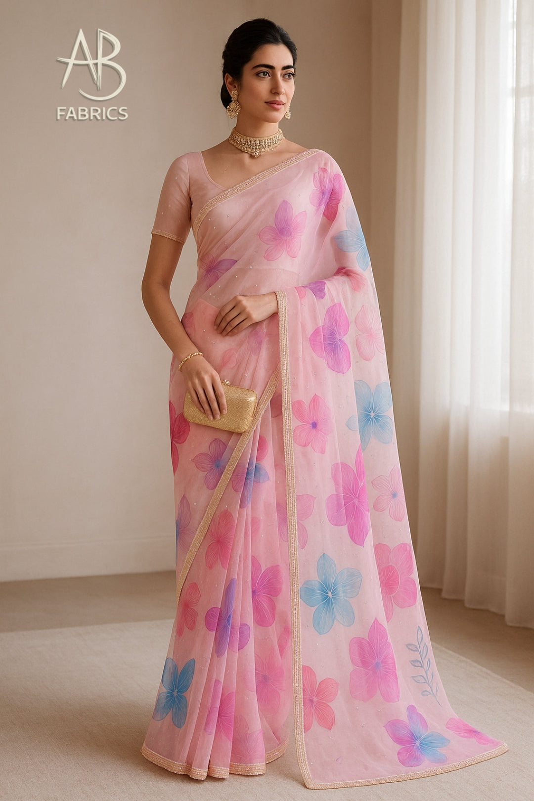 Hand-Painted Floral Organza Saree with Delicate Hand-Work Border OPD07