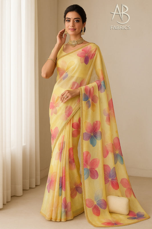 Hand-Painted Floral Organza Saree with Delicate Hand-Work Border OPD09