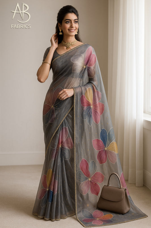 Hand-Painted Floral Organza Saree with Delicate Hand-Work Border OPD10