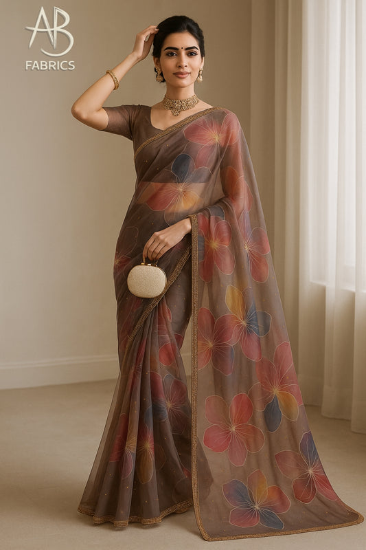 Hand-Painted Floral Organza Saree with Delicate Hand-Work Border OPD08
