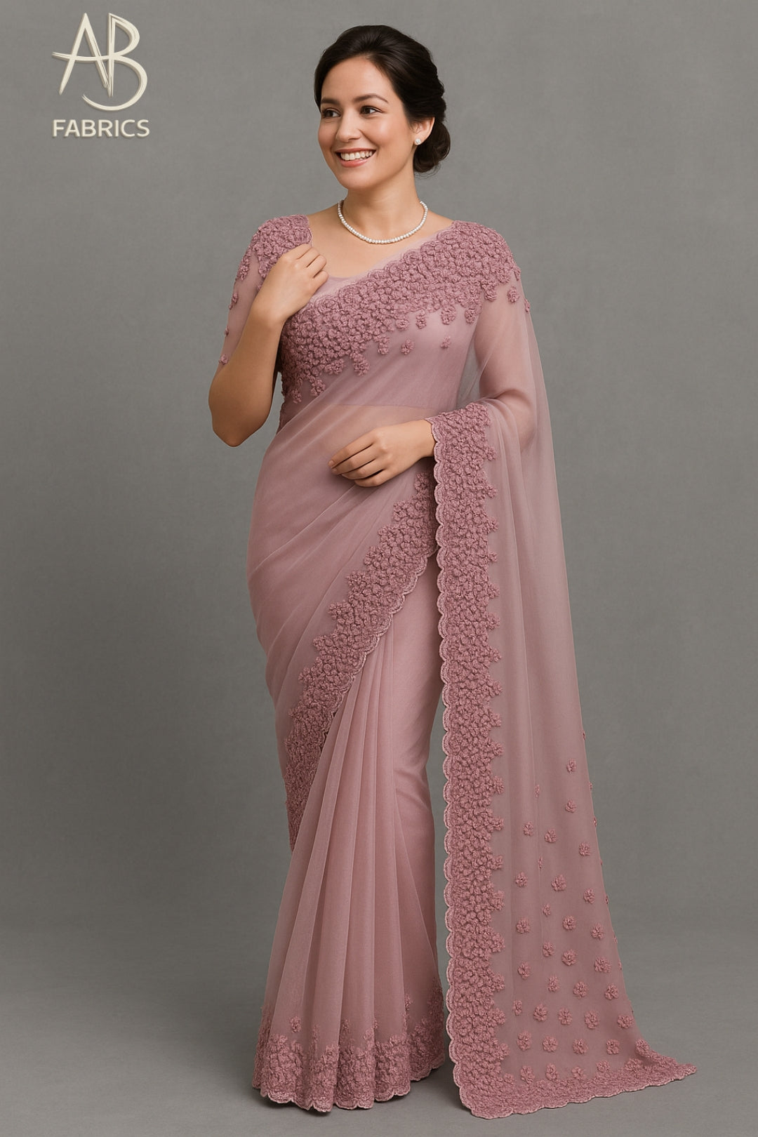 Elegant Powder Pink Hand Fresh knot Embroidered Saree
