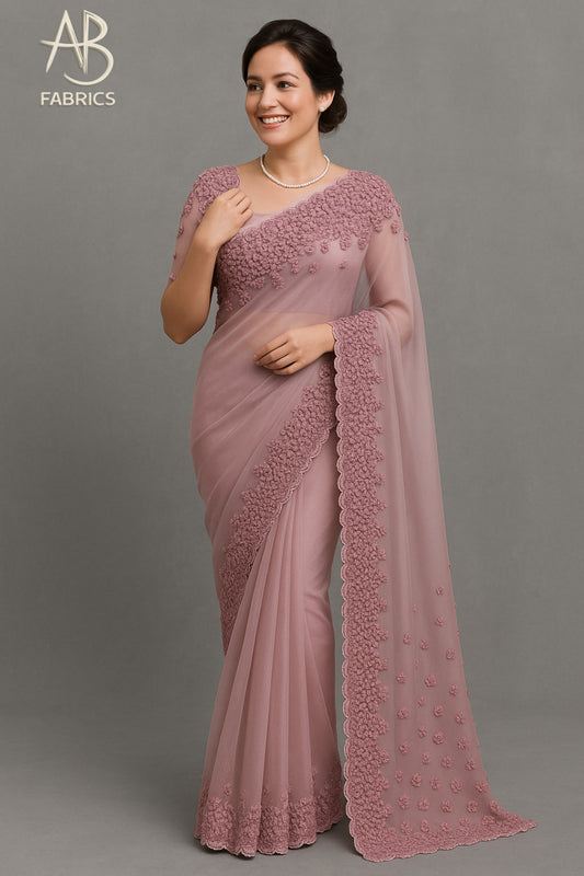 Elegant Powder Pink Hand Fresh knot Embroidered Saree