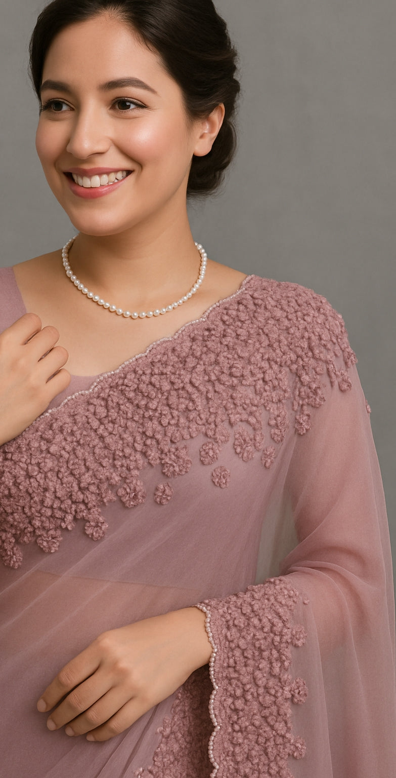 Elegant Powder Pink Hand Fresh knot Embroidered Saree