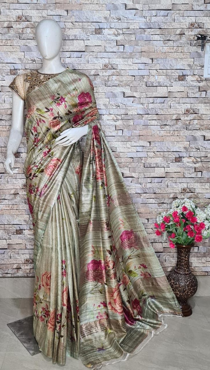 Digital Printed Pure Tussar Ghicha Silk Saree DTG02