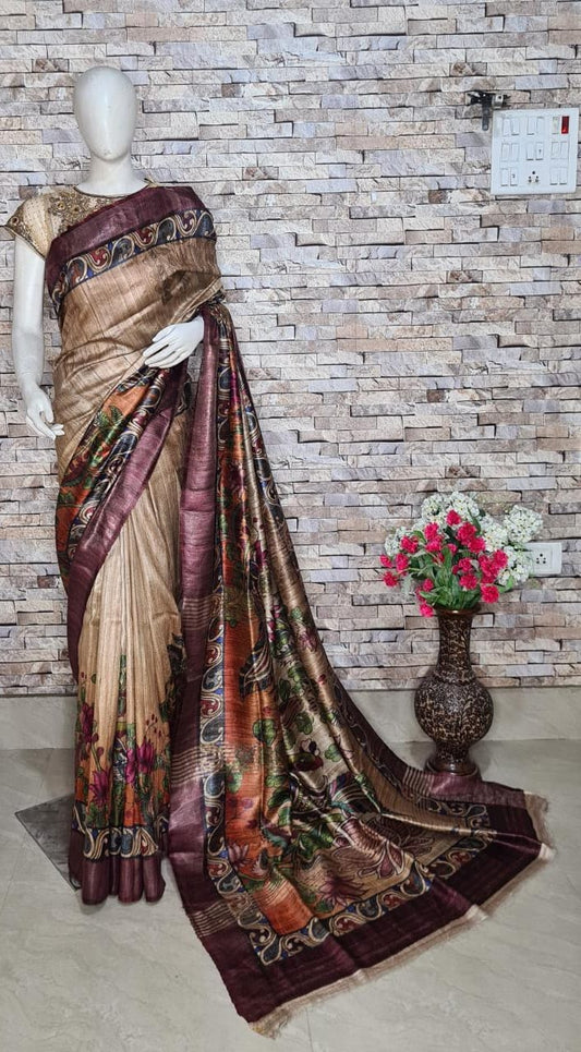 Digital Printed Pure Tussar Ghicha Silk Saree DTG03