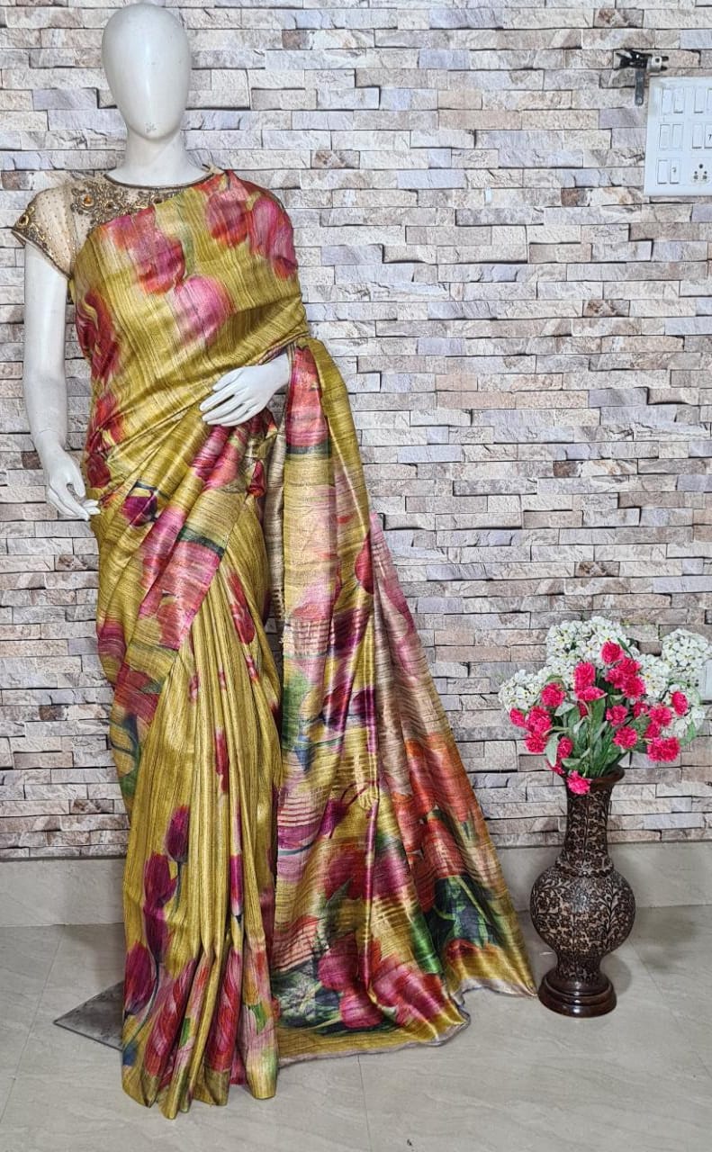 Digital Printed Pure Tussar Ghicha Silk Saree DTG08
