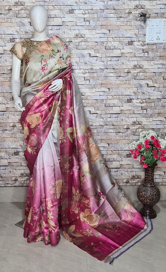 Digital Printed Pure Tussar Ghicha Silk Saree DTG10
