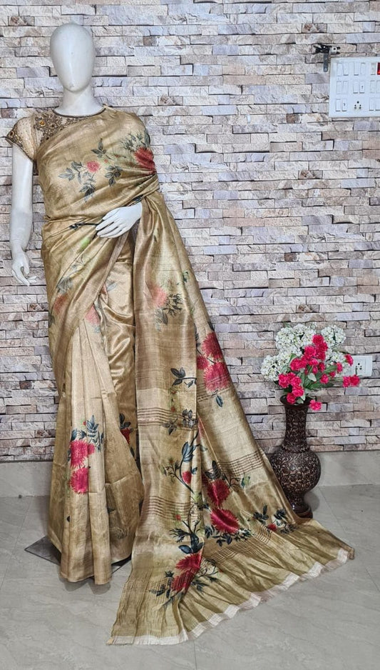 Digital Printed Pure Tussar Ghicha Silk Saree DTG11