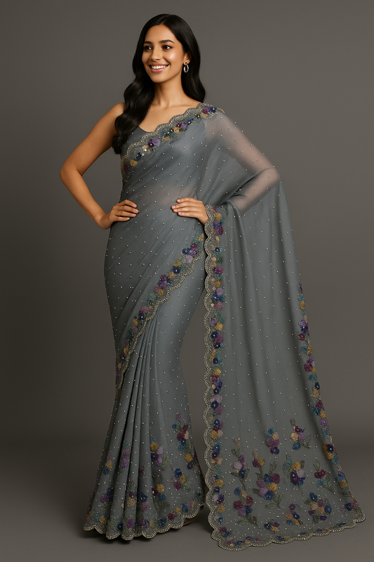 Steel Grey Organza Saree with Multicolor Sequin Floral Embroidery and Scalloped Border