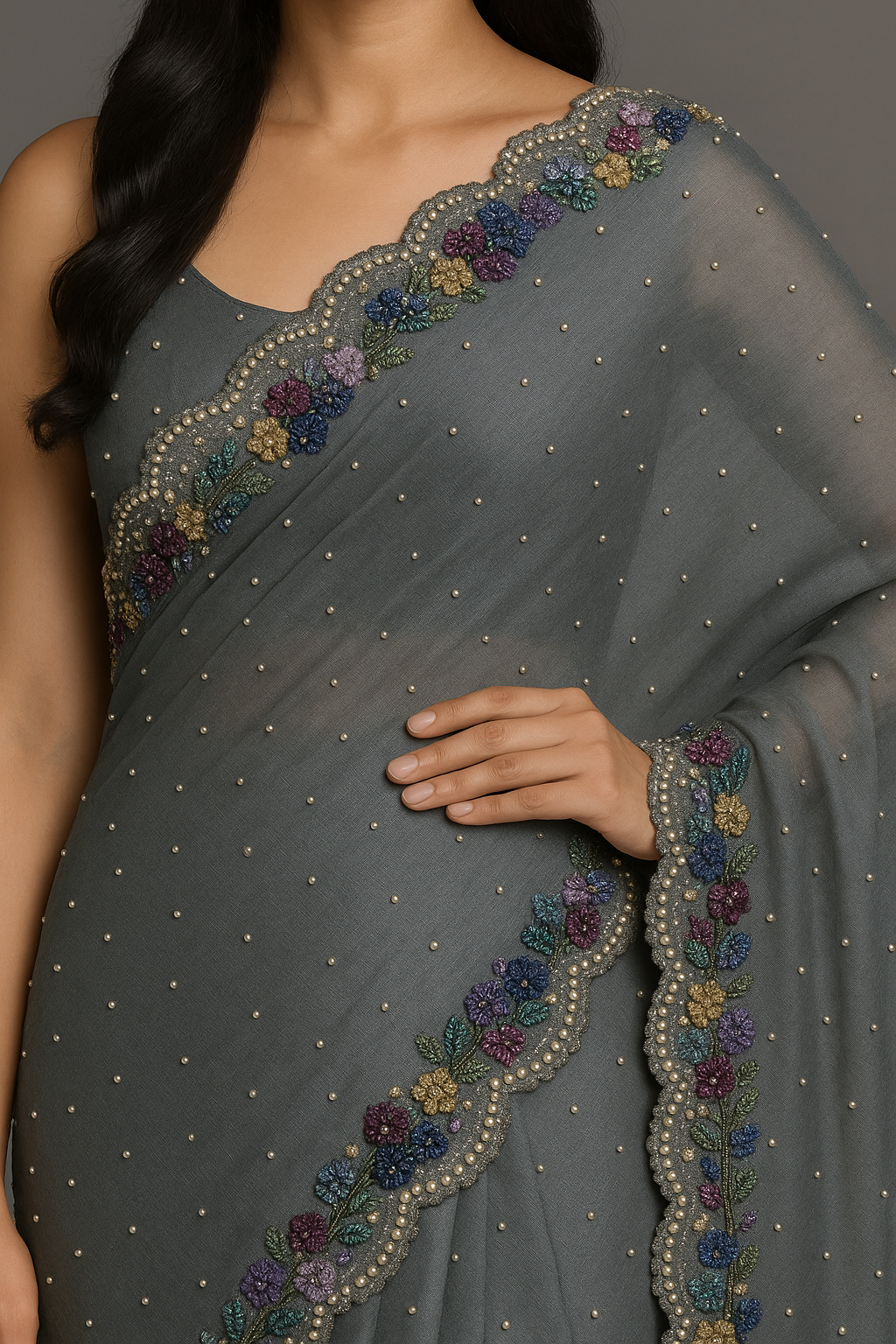Steel Grey Organza Saree with Multicolor Sequin Floral Embroidery and Scalloped Border