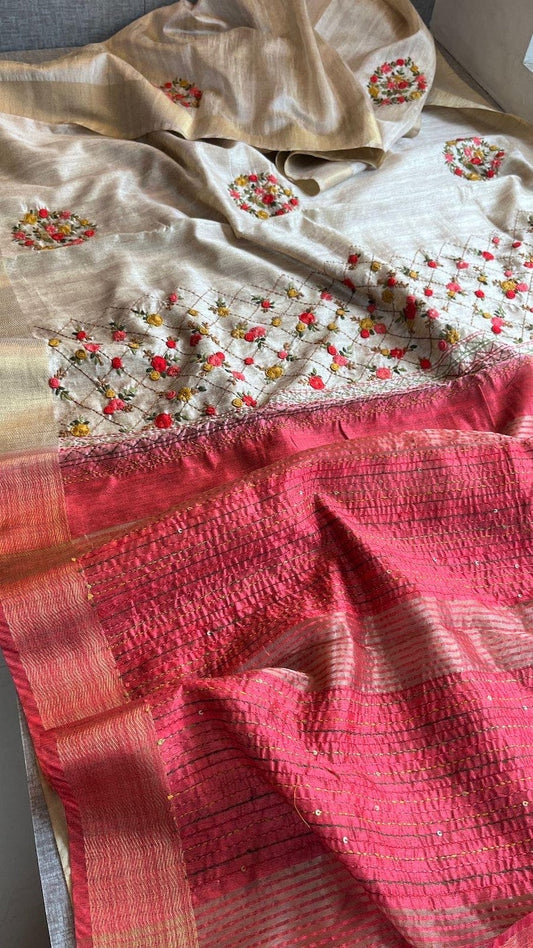 Handloom Pure Tussar Silk Saree with French Knot Embroidery Work Saree PTK04